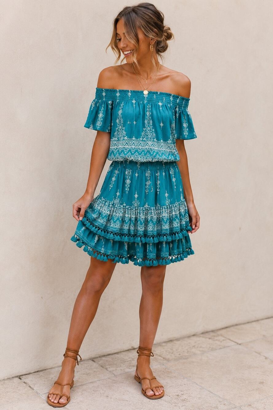 Jaase Teal Off Shoulder Boho Mini Dress Medium Tassel Ruffle